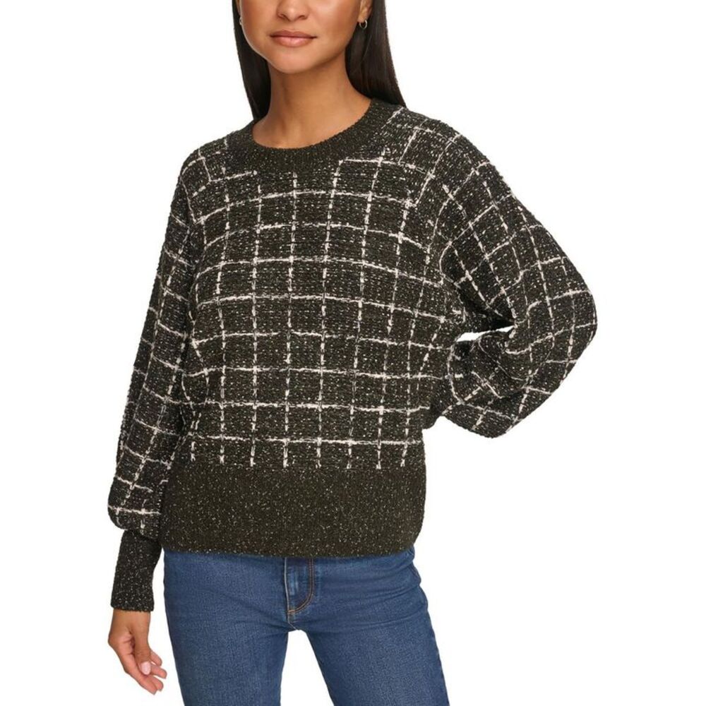 Karl Lagerfeld Black Crew Neck Sweater with Grid Pattern